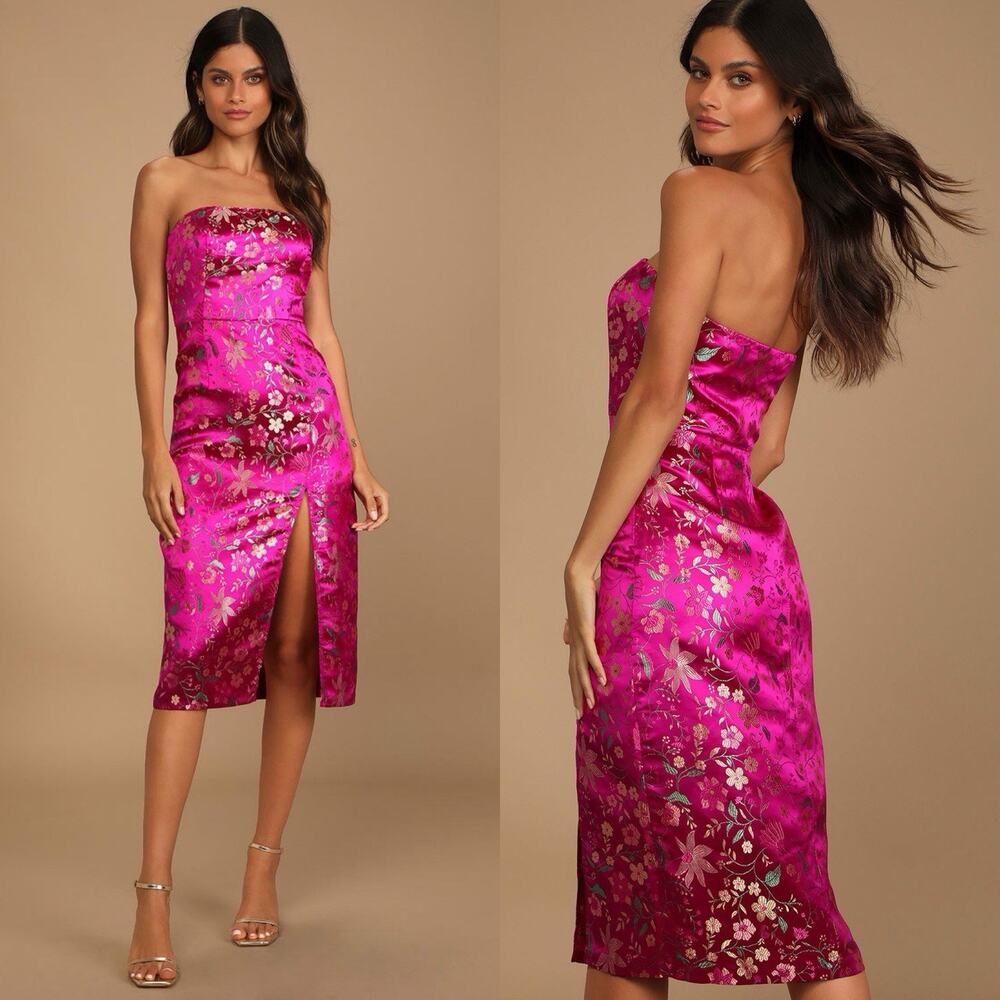 Lulu's Fuchsia Floral Strapless Midi Dress